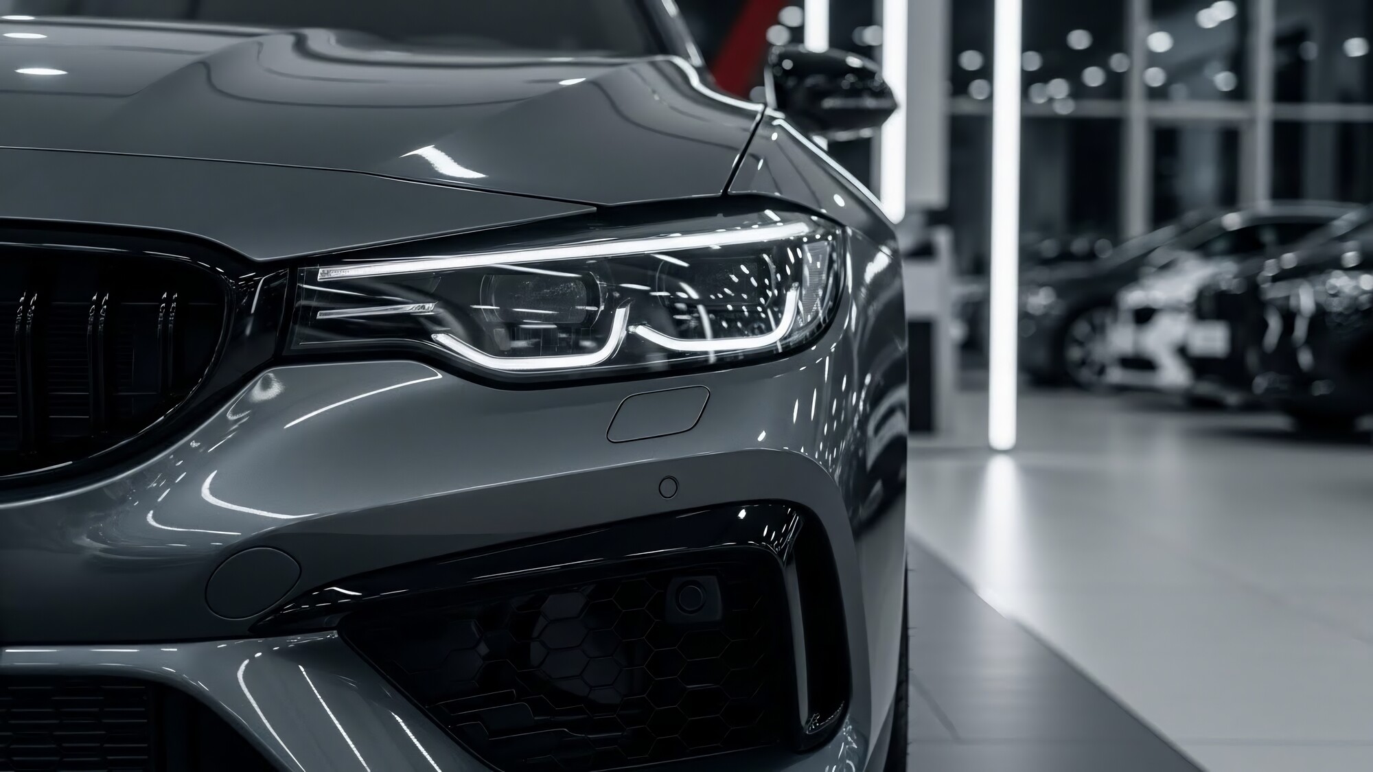 Frontale di berlina sportiva grigio scuro con fari LED accesi e griglia nera in uno showroom luminoso con altre auto